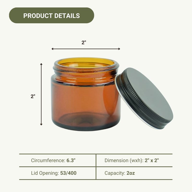 Nature Packaged Glass Amber 2oz Jar - 12 Packs, Empty Round Jars For Beauty Products, Lotion, and Powders - Black Lid - Small Candle Jars - Image 4
